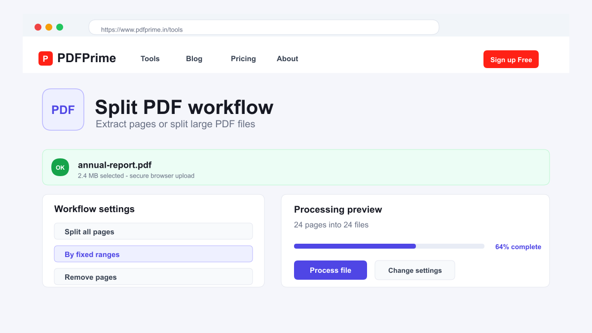 Split PDF settings and file selection screen on PDFPrime.