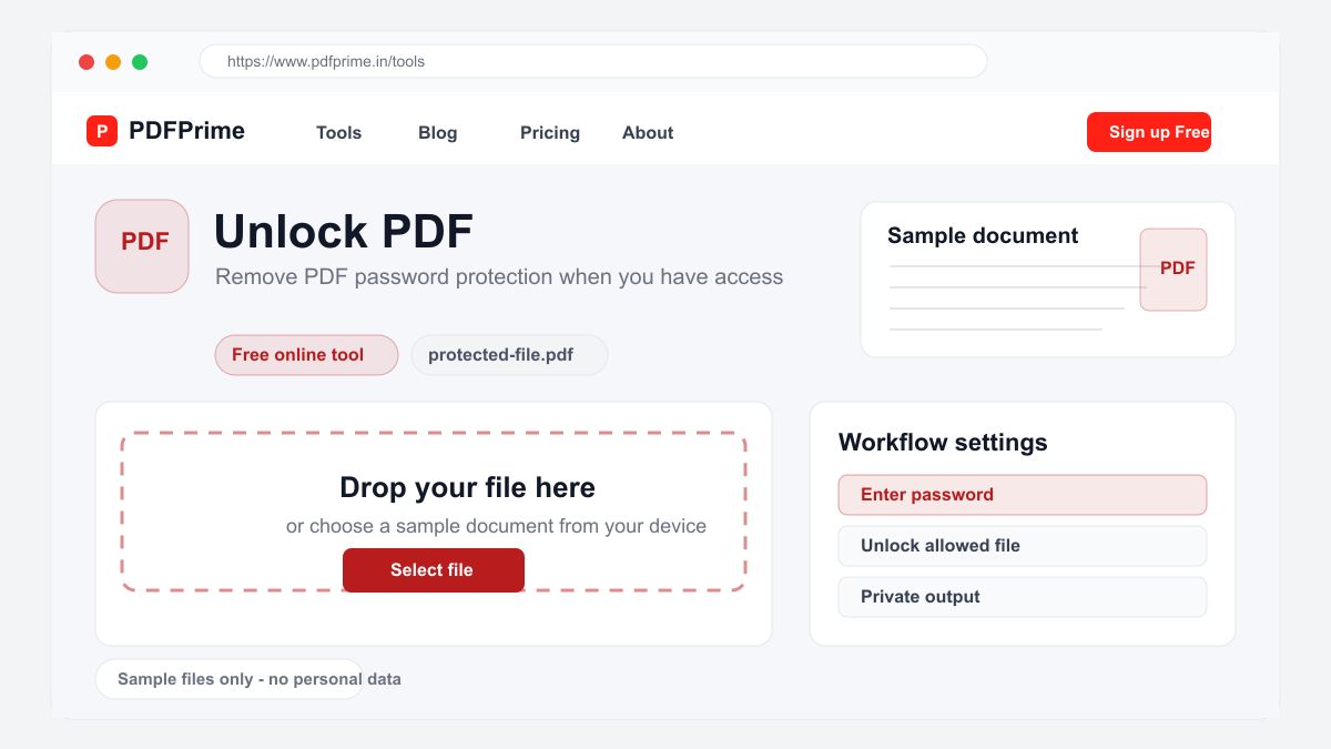 Unlock PDF screen on PDFPrime showing the upload area and document workflow.
