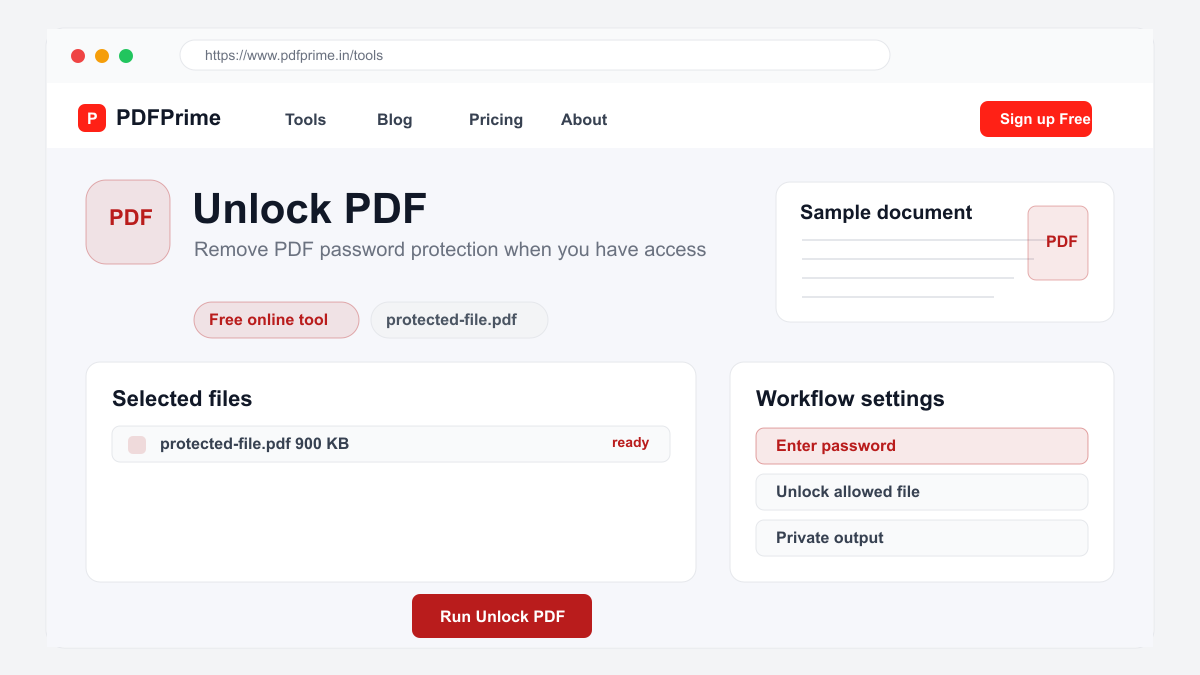 Unlock PDF settings and file selection screen on PDFPrime.